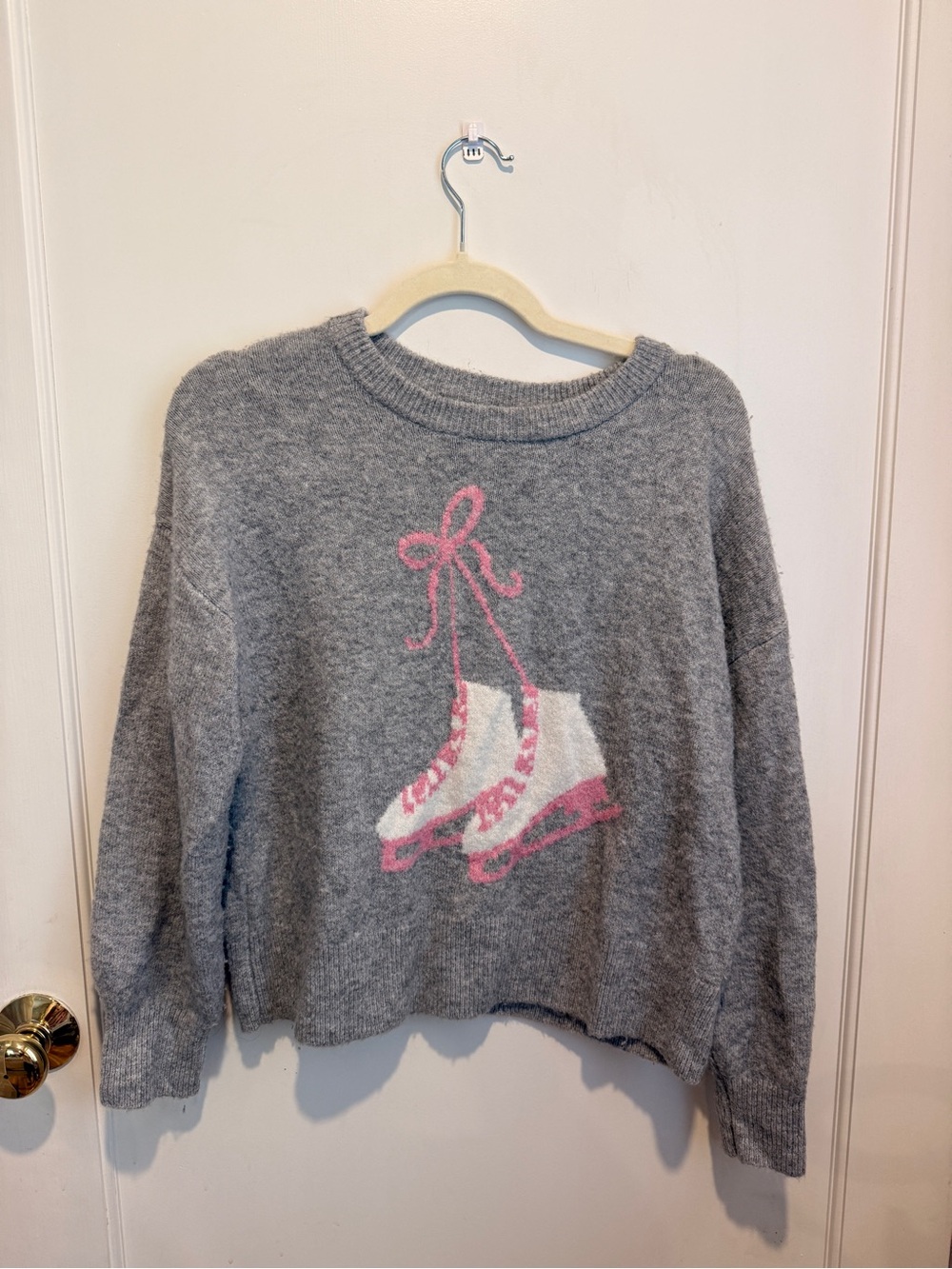Sincerly Jules Gray Sweater with Pink & White Ice Skate Graphic